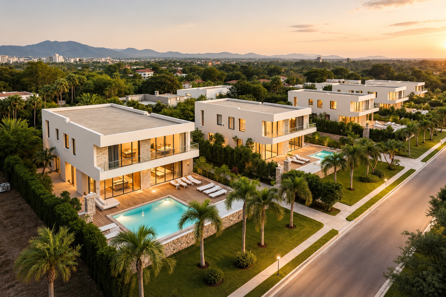 Vista do Urbanova em São José dos Campos ao entardecer, casas de alto padrão em meio à natureza