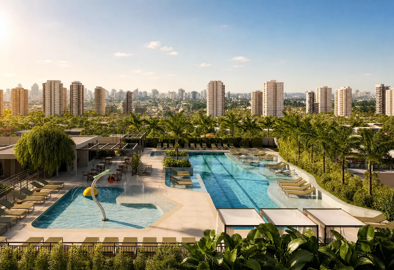 Área de lazer com piscina e skyline residencial próximo à Vila Ema, São José dos Campos