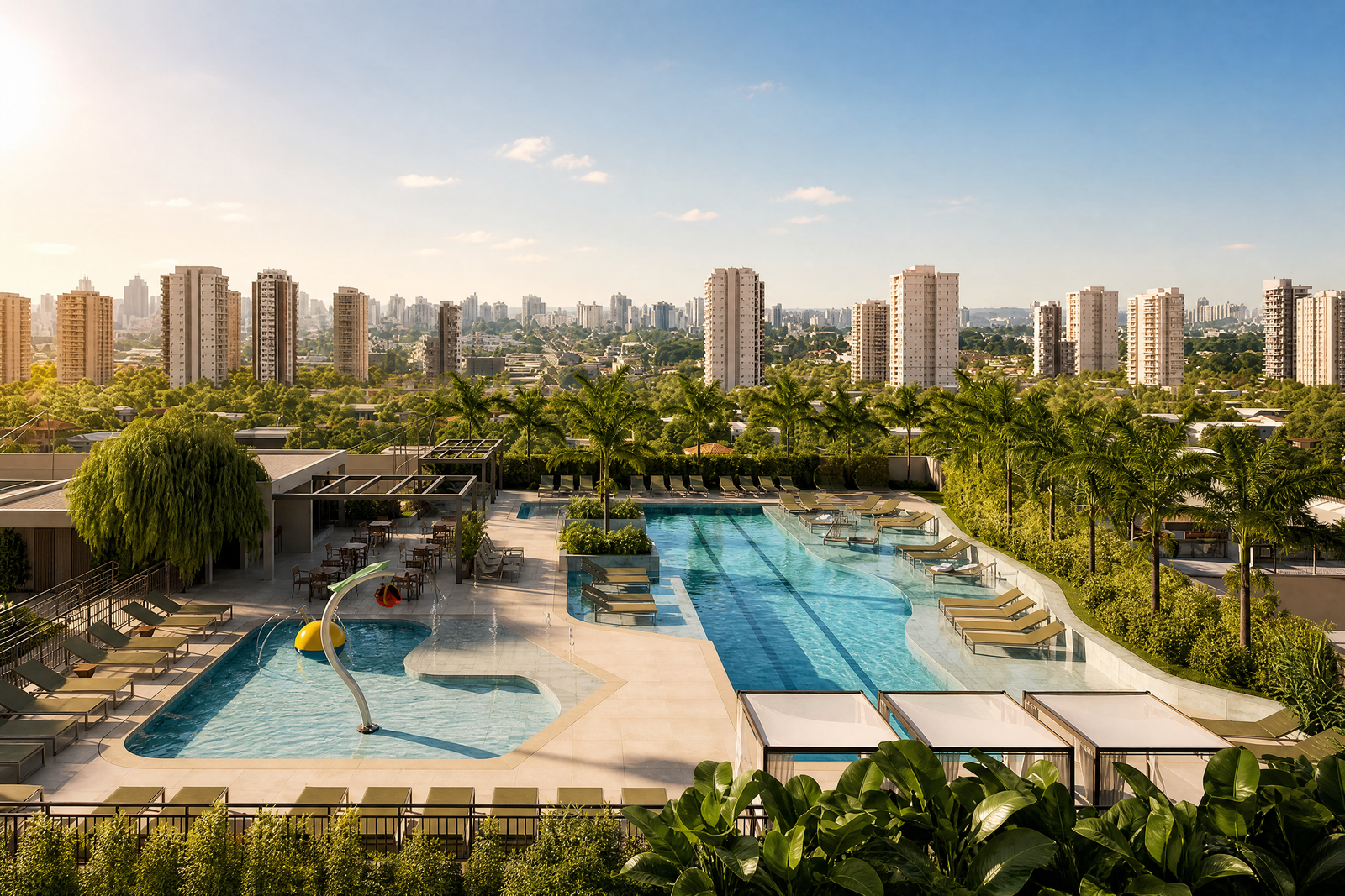 Área de lazer com piscina e skyline residencial próximo à Vila Ema, São José dos Campos