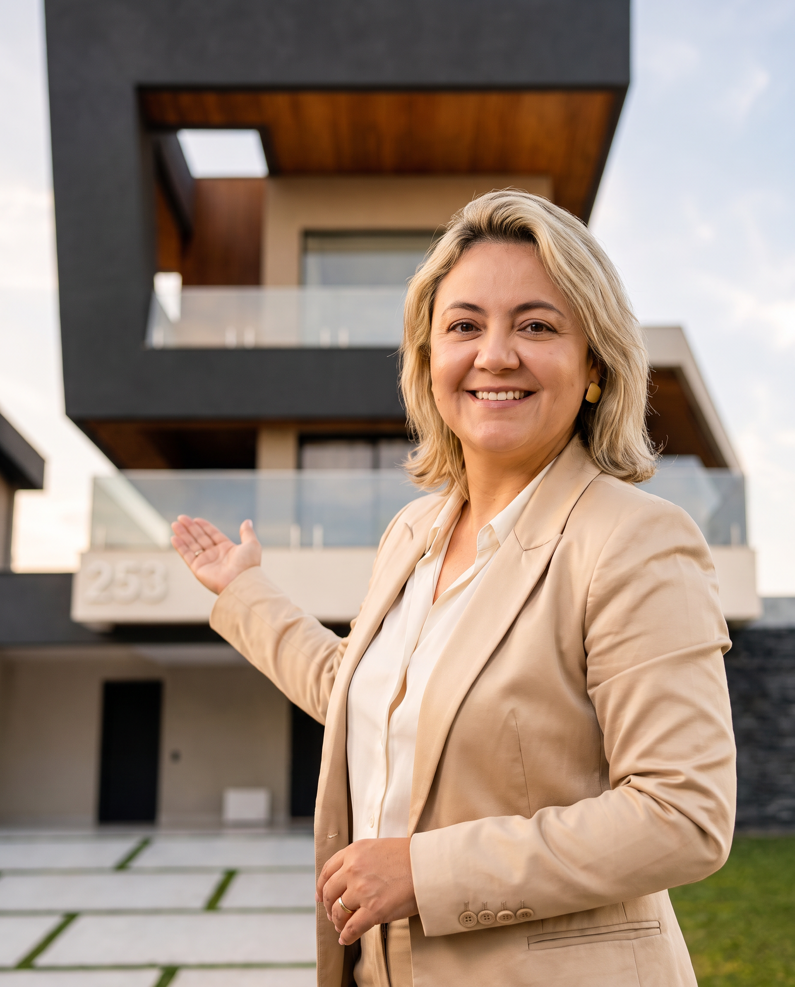 Vanessa Morais apresentando uma casa contemporânea de alto padrão em São José dos Campos